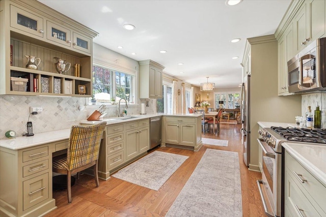 401 Aurora Ct, Vernon Hills, IL 60061 - kitchen featuring a sink, light countertops, appliances with stainless steel finishes, a peninsula, and backsplash