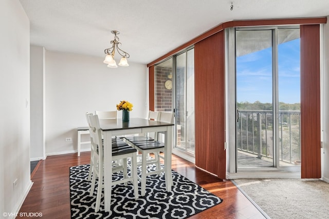 dining room featuring plenty of natural light, wood finished floors, a chandelier, and baseboards