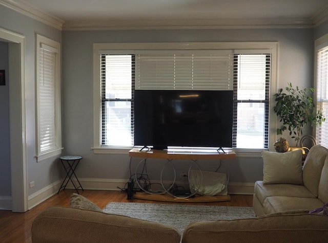 3005 N Kostner Ave, Chicago, IL 60641 - living room featuring baseboards, crown molding, and wood finished floors