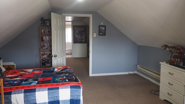3005 N Kostner Ave, Chicago, IL 60641 - carpeted bedroom featuring a baseboard heating unit, baseboards, and vaulted ceiling