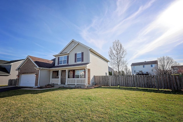 traditional-style home featuring fence, covered porch, a front yard, brick siding, and an attached garage