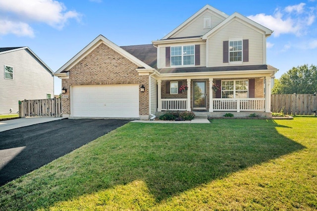 view of front of house featuring a porch, an attached garage, driveway, and brick siding