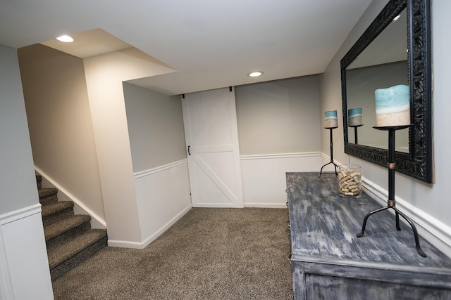unfurnished office featuring recessed lighting, carpet flooring, and baseboards