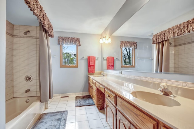 bathroom with tile patterned flooring, a sink, shower / bath combination with curtain, and double vanity