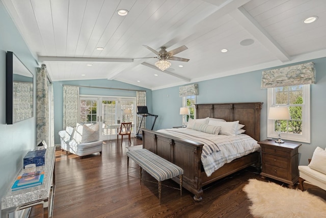 bedroom with lofted ceiling with beams, recessed lighting, ceiling fan, and wood finished floors