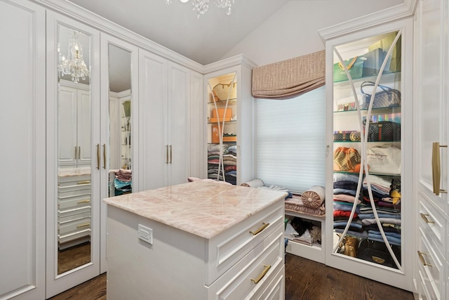 spacious closet featuring dark wood-type flooring and a chandelier
