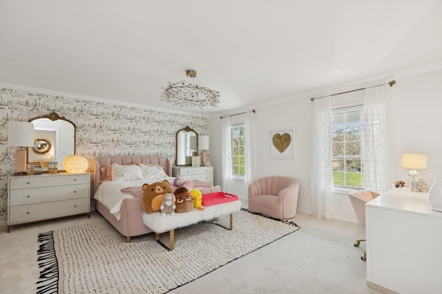 bedroom featuring crown molding, carpet flooring, wallpapered walls, and baseboards