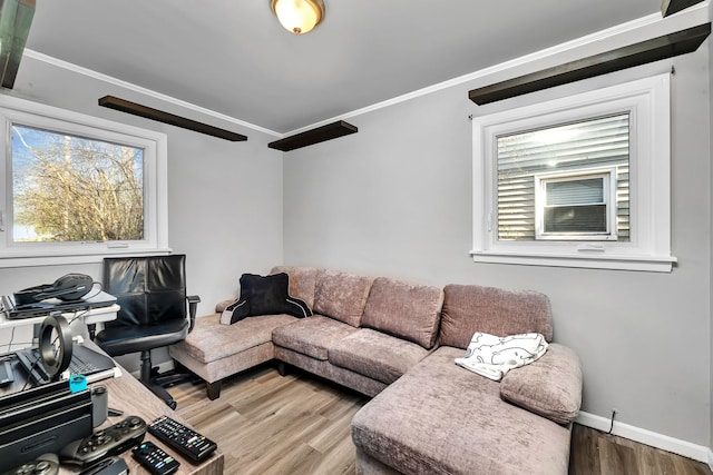 living room featuring baseboards, ornamental molding, and wood finished floors