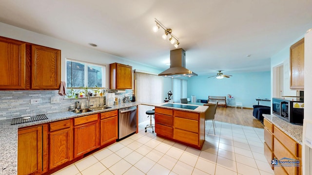 153 Christine Way, Bolingbrook, IL 60440 - kitchen featuring island exhaust hood, open floor plan, a peninsula, dishwasher, and a sink