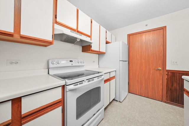 1580 W Sand Bar Ct Unit 1D, Round Lake Beach, IL 60073 - kitchen with white appliances, under cabinet range hood, light countertops, light floors, and wainscoting