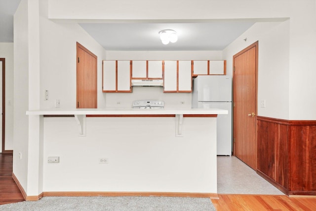 1580 W Sand Bar Ct Unit 1D, Round Lake Beach, IL 60073 - kitchen featuring freestanding refrigerator, under cabinet range hood, range, light countertops, and a kitchen bar