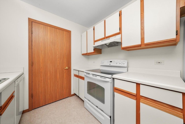 1580 W Sand Bar Ct Unit 1D, Round Lake Beach, IL 60073 - kitchen with white range with electric stovetop, under cabinet range hood, light countertops, and white cabinetry