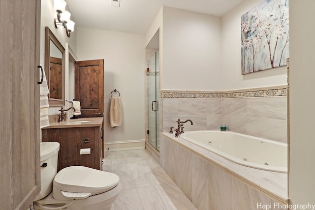 full bathroom featuring vanity, baseboards, toilet, a shower stall, and a tub with jets
