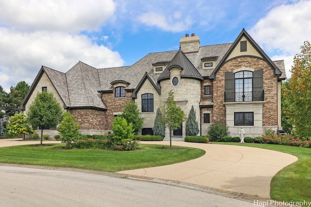 french country home featuring curved driveway, a standing seam roof, stone siding, a balcony, and a chimney