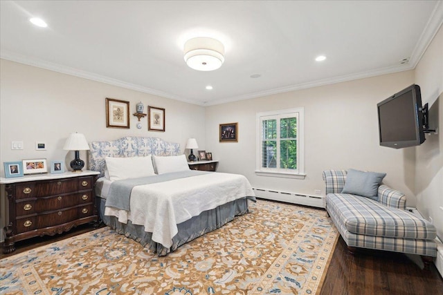 bedroom with crown molding, a baseboard radiator, recessed lighting, and wood finished floors