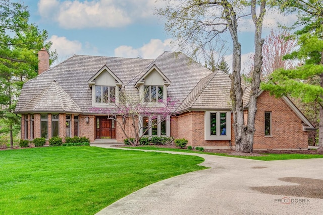 tudor home featuring brick siding, a chimney, and a front yard