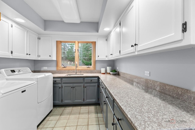 318 Camelot Ln, Libertyville, IL 60048 - laundry area with independent washer and dryer, cabinet space, and recessed lighting