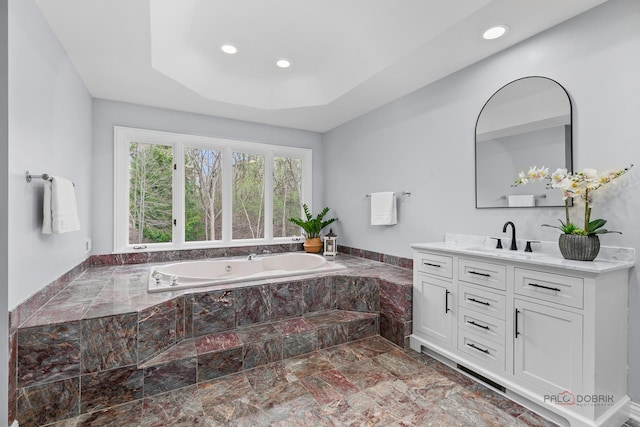 318 Camelot Ln, Libertyville, IL 60048 - bathroom with marble finish floors, recessed lighting, vanity, and a garden tub