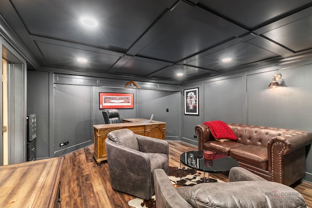 318 Camelot Ln, Libertyville, IL 60048 - cinema room featuring a decorative wall, dark wood finished floors, and recessed lighting