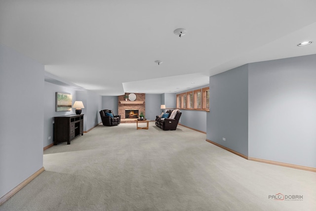 318 Camelot Ln, Libertyville, IL 60048 - sitting room with light colored carpet, a large fireplace, baseboards, and recessed lighting