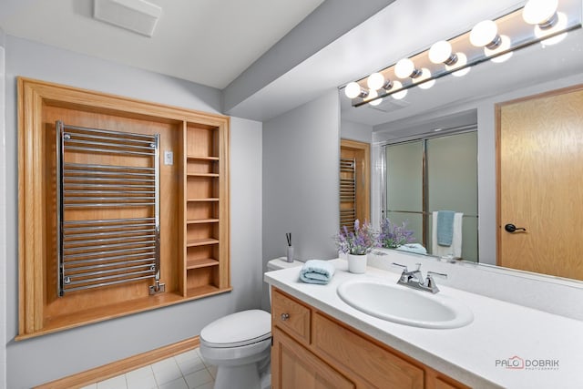 318 Camelot Ln, Libertyville, IL 60048 - full bathroom featuring radiator, vanity, toilet, a shower with door, and tile patterned floors