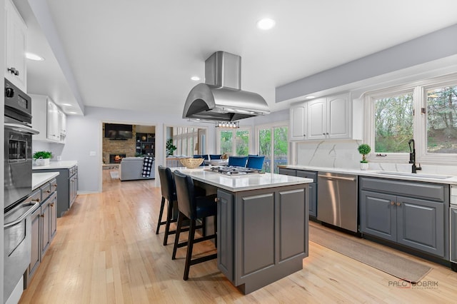 318 Camelot Ln, Libertyville, IL 60048 - kitchen featuring appliances with stainless steel finishes, island range hood, a sink, gray cabinetry, and a center island