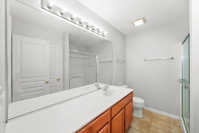 full bath featuring a stall shower, toilet, vanity, baseboards, and tile patterned floors