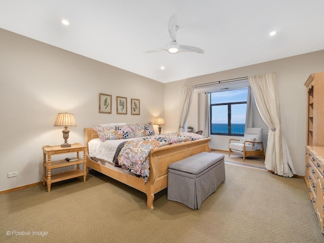bedroom featuring baseboards, recessed lighting, ceiling fan, and light carpet