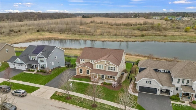birds eye view of property with a residential view and a water view