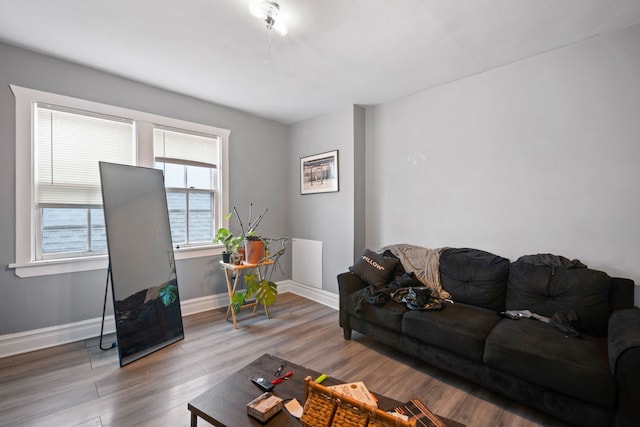 living area featuring baseboards and wood finished floors