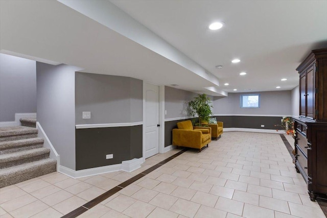 7614 S Chappel Ave, Chicago, IL 60649 - interior space with light tile patterned floors, baseboards, stairway, and recessed lighting