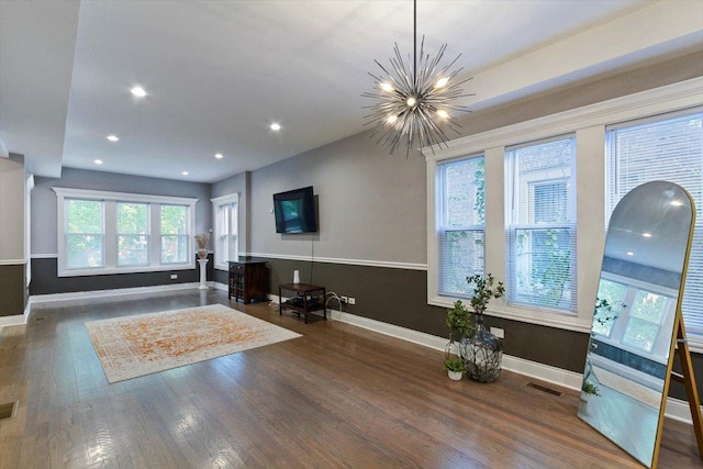 7614 S Chappel Ave, Chicago, IL 60649 - living room with visible vents, recessed lighting, wood finished floors, a notable chandelier, and baseboards