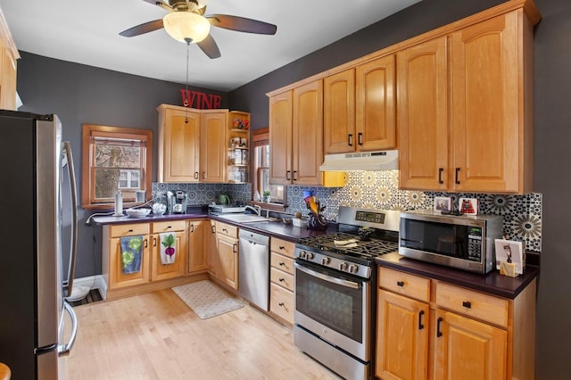 kitchen with dark countertops, under cabinet range hood, ceiling fan, stainless steel appliances, and a sink