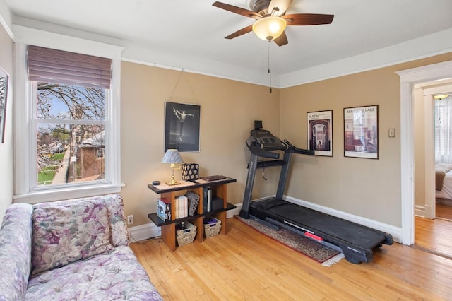 exercise room featuring plenty of natural light, hardwood / wood-style flooring, baseboards, and ceiling fan