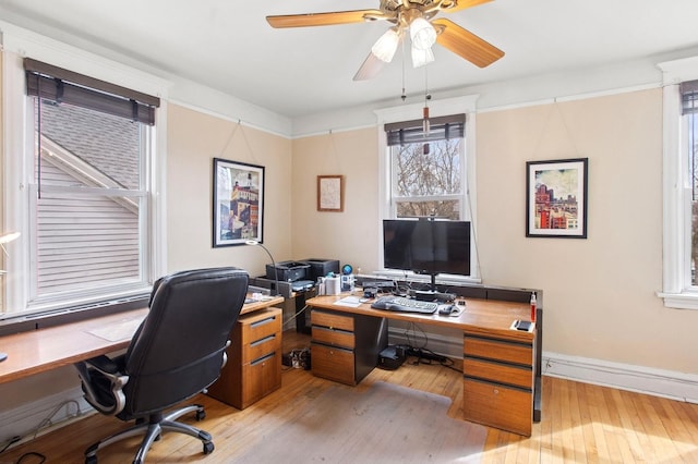 home office with light wood finished floors, baseboards, and a ceiling fan