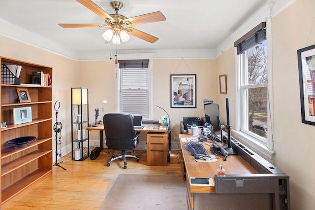 office with light wood-type flooring and ceiling fan