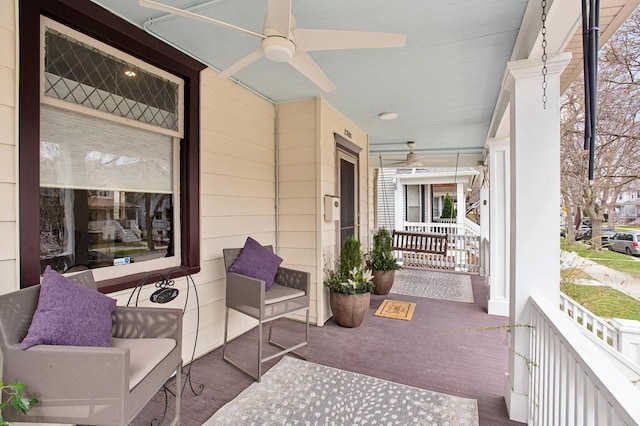 view of patio / terrace featuring covered porch and a ceiling fan