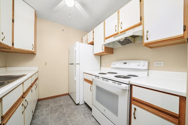 1520 W Sand Bar Ct Unit 1B, Round Lake Beach, IL 60073 - kitchen featuring ceiling fan, under cabinet range hood, white appliances, and white cabinets