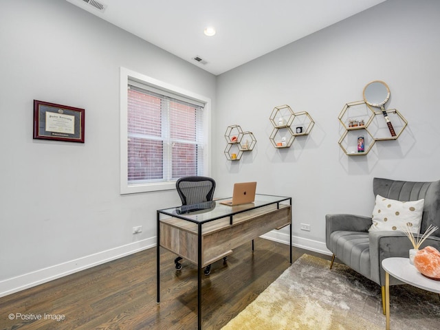 home office featuring baseboards, wood finished floors, and recessed lighting