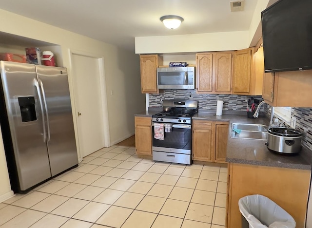 392 Luella Ave, Calumet City, IL 60409 - kitchen featuring visible vents, a sink, dark countertops, stainless steel appliances, and decorative backsplash