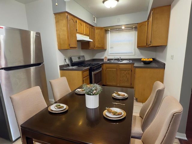 392 Luella Ave, Calumet City, IL 60409 - kitchen with under cabinet range hood, dark countertops, a sink, stainless steel appliances, and brown cabinets