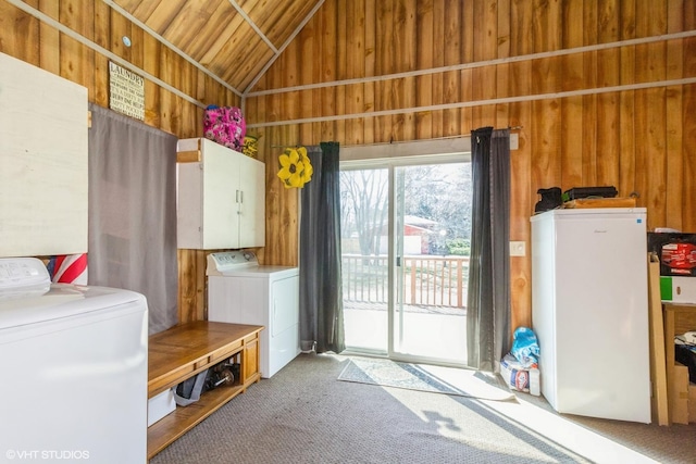 514 W Prairie St, Kirkland, IL 60146 - interior space featuring wood walls, independent washer and dryer, high vaulted ceiling, carpet, and wooden ceiling