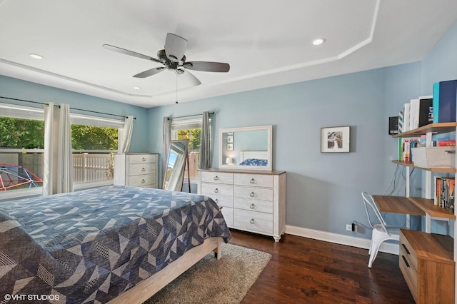 bedroom featuring wood finished floors, baseboards, recessed lighting, access to outside, and a ceiling fan