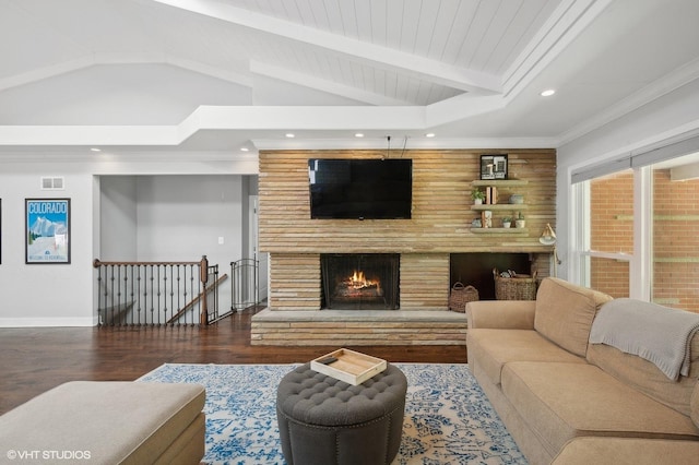 living area featuring recessed lighting, baseboards, vaulted ceiling with beams, wood finished floors, and visible vents