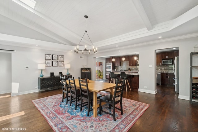 dining room with a notable chandelier, wooden ceiling, lofted ceiling, recessed lighting, and dark wood-type flooring