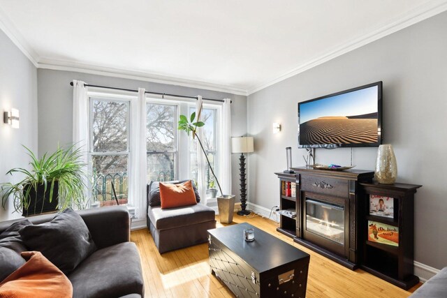 1606 W Winona St Unit 3, Chicago, IL 60640 - living area with light wood-style flooring, baseboards, and crown molding