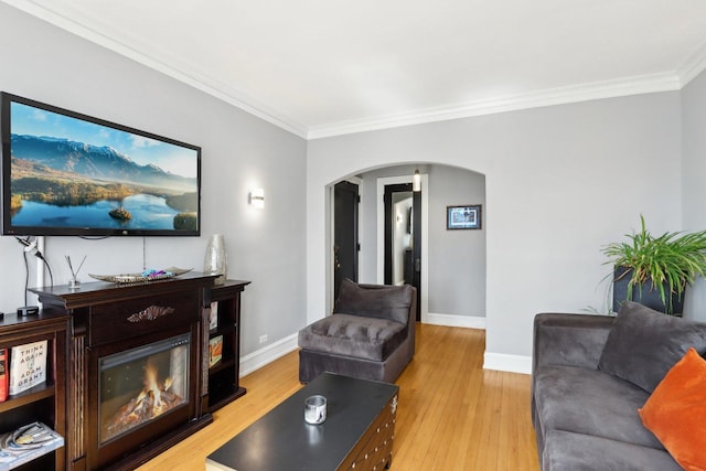1606 W Winona St Unit 3, Chicago, IL 60640 - living area featuring arched walkways, light wood finished floors, baseboards, and ornamental molding