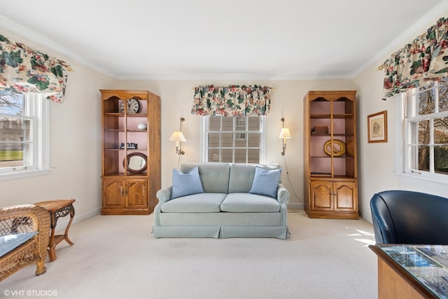 3916 Franklin Ave, Western Springs, IL 60558 - living area featuring crown molding, baseboards, and light colored carpet