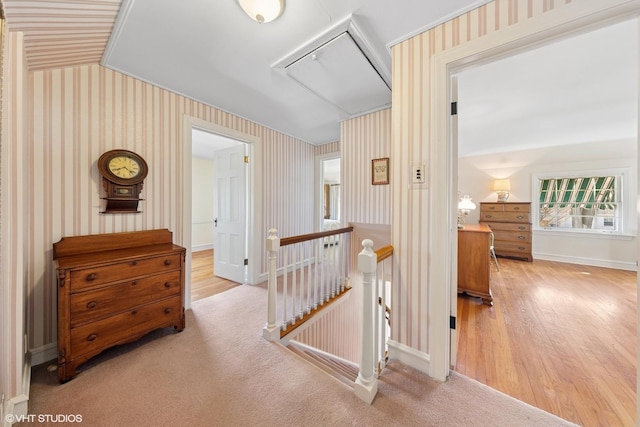 3916 Franklin Ave, Western Springs, IL 60558 - hall featuring light wood-style floors, attic access, lofted ceiling, an upstairs landing, and wallpapered walls