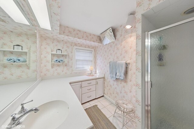 3916 Franklin Ave, Western Springs, IL 60558 - bathroom with vanity, a shower stall, tile patterned flooring, and wallpapered walls